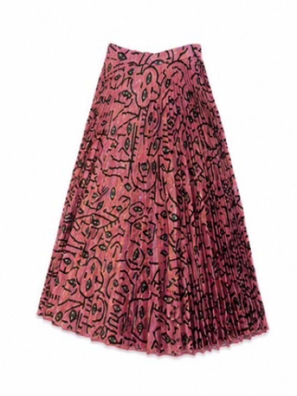 Pleated Pink Patterned A-Line Midi Skirt